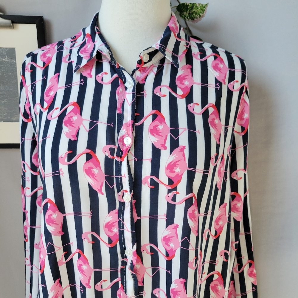 Milano Italy Flamingo Novelty Print Stripe Button Up Shirt 42 or L - Picture 3 of 14